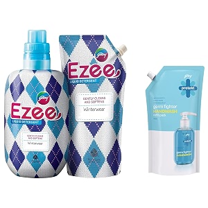godrej ezee liquid detergent - winterwear no soda formula 2kgs 1 bottle amp 1 refill amp godrej protekt germ fighter handwash refill pack  aqua  germ protection amp soft on hands - 750ml