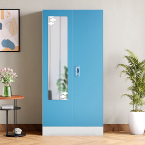 interio by godrej slimline 2 door with 2 shelves with star design mirror metal almirah finish color - milky blue knock down