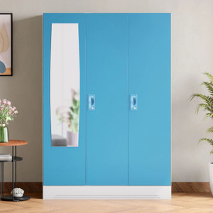 interio by godrej slimline 3 door with locker and mirror metal almirah finish color - milky blue knock down