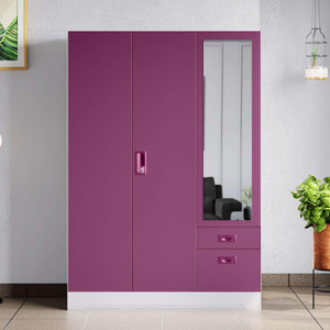 interio by godrej slimline blend metal 3 door almirah finish color - textured purple mirror included knock down