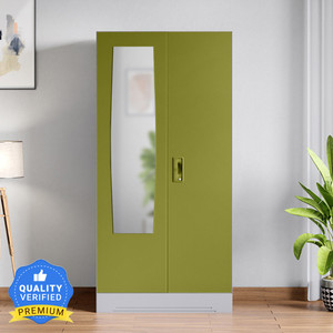godrej interio slimline 2 door with locker with mirror metal almirah finish color - body royal ivory door textured leaf green knock down