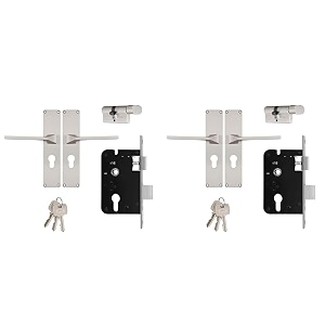 godrej mortise door lock handle set  200mm neh-16 1ck europrofile  5 pin brass tumbler mechanism 60mm  suitable for left amp right handed doors satin steel finish pack of 2