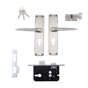godrej mortise door lock handle set  200mm neh-15 1ck europrofile  5 pin brass tumbler mechanism 60mm  suitable for left amp right handed doors satin steel finish
