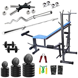 52 kg rubber weight home gym wb with 8 in 1 bench 5 plain rod  3 ft curl rod incline multicolour
