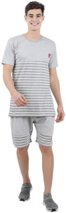 gokul fashion men top  shorts set grey striped