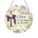 With Gold All Things are Possible Easter Front Door Sign Religious Cross Lily Flowers Wood Door Hanger Outdoor Outside Porch Decor Christian Lily Flowers Wooden Wreath Wall Hanging Decoration 12"x12"