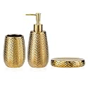 Gold Bathroom Accessories 3pcs Stylish Bathroom Accessories Set Gold Soap Dispenser Pump, Tumbler and Soap Dish Modern Decor Wavy Design Ceramic Bathroom Accessory Set