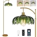 Gold Floor Lamps for Living Room,Glass Floor Lamp with Remote Control &amp; Green Lampshade,Arc Flower Lamp Dimmable Mid Century Modern Standing Lamp Vintage Brass Tall Floor Lamp For Bedroom Corner