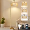 ZECOXOL Gold Floor Lamps for Living Room Rattan Boho Floor Lamp with Remote Control &amp; 3 Color Temperature,Dimmable Arc Floor Lamps Brass Standing Lamp Tall Floor Lamp for Bedroom Living Room Corner