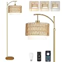 Gold Floor Lamps for Living Room Rattan Boho Floor Lamp with Remote Control &amp; 3 Color Temperature, Dimmable Arc Floor Lamps Wicker Lamp Shades Brass Standing Lamp Tall Floor Lamp For Bedroom Corner