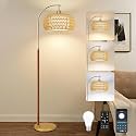 Wood Arc Floor Lamps for Living Room,Boho Rattan Floor Lamp with Remote Control &amp; 3 Color Temperatures,Dimmable Mid Century Modern Standing Lamp Farmhouse Vintage Tall Floor Lamp For Bedroom Corner