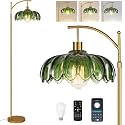 ZECOXOL Gold Floor Lamps for Living Room Vintage Green Floor Lamp with Remote Control &amp; Glass Lampshape,Dimmable Mid Century Modern Standing Lamp Tall Flower Lamp Brass Floor lamp for Bedroom Corner