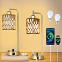Gold Lamp for Bedroom, Boho Rattan Table Lamps Set of 2 with LED Bulbs, Bedside Lamps for Night Stands with Wicker Shade, USB Port and Outlet, Modern Side Desk Lamp for Living Room Office