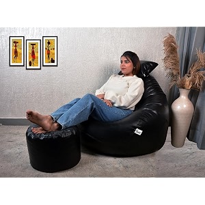 gold premium faux leather bean bag filled with beans  capacity up to 6 ft height 120 kg weight with free footrest and cushion  5xl  black