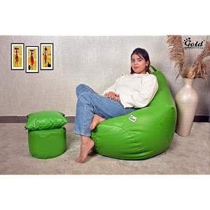 gold premium faux leather bean bag filled with beans  capacity up to 6 ft height 120 kg weight with free footrest and cushion  5xl  green