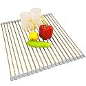Gold Roll Up Dish Drying Rack Over Sink, Foldable Stainless Steel Drainer Non-Slip Sink Drying Rack Sink Accessories for Kitchen Countertop (17.8×15.7in)