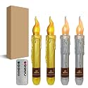 Gold Silver Christmas Flameless Short Taper Candles, Red Green LED Battery Operated with Remote, Flickering Flame Lights for Home Décor, 6.7 Inch Primitive Flameless Print Candles, 4PCS