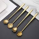 Gold Tone Dessert Spoon Set with Decorative Flower and Heart Shaped Spoon Heads (4 PIC)