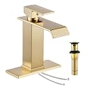 Gold Waterfall Bathroom Sink Faucet, Brushed Gold Finish, Single Handle, 1 or 3 Hole Installation, Metal Pop Up Drain, 23.6-inch Hoses, 3/8 Inch Compression Threads