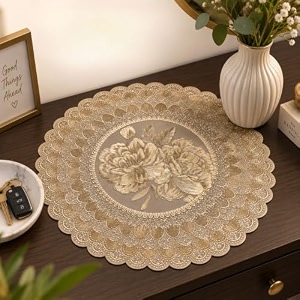 golden beige pvc table mat round floral mandala leaf design placemat waterproof heat resistant wipe clean decorative dining table mat for center side amp console table