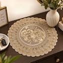 Golden Beige PVC Table Mat, Round Floral Mandala Leaf Design Placemat, Waterproof Heat Resistant Wipe Clean Decorative Dining Table Mat for Center, Side &amp; Console Table