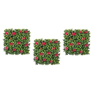 artificial wall grass for home decoration 3 pcs i grass mat for wall i vertical garden artificial plants lemon green with large red flowers 50cm x 50cm x 5cm plastic pack of 3