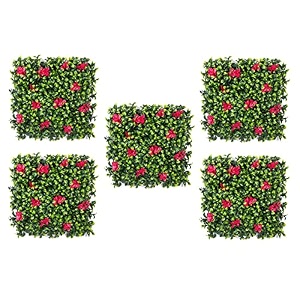 artificial wall grass for home decoration 5 pcs i grass mat for wall i vertical garden artificial plants lemon green with large red flowers 50cm x 50cm x 5cm plastic pack of 5