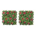 Artificial Wall Grass for Home Decoration (2 Pcs) I Grass Mat for Wall I Vertical Garden Artificial Plants (Lemon Green with Large Red Flowers, 50cm X 50cm X 5cm, Plastic, Pack of 2)
