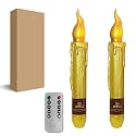 Golden Flameless Short Taper Candles, Drip LED Battery Operated with Remote, Flickering Flame Lights for Festival Party Home Décor, 6.7 Inch Primitive Flameless Candles, 2PCS