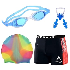 golden girl swimming kit for boy kids with swimming shorts silicone swimming cap anti fog swimming goggles 2 pc ear plugs and 1 nose clip combo