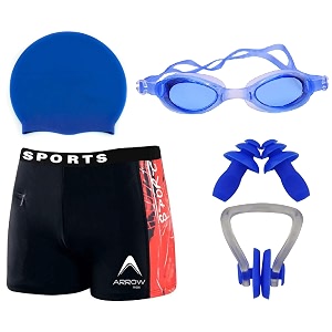 golden girl swimming kit for boy kids with swimming shorts silicone swimming cap anti fog swimming goggles 2 pc ear plugs and 1 nose clip combo