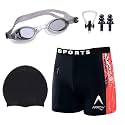 GOLDEN GIRL Swimming Kit for Boy Kids with Swimming Shorts Silicone Swimming Cap Anti Fog Swimming Goggles 2 Pc Ear Plugs and 1 Nose Clip Combo