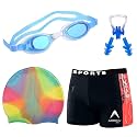 GOLDEN GIRL Swimming Kit for Boy Kids with Swimming Shorts Silicone Swimming Cap Anti Fog Swimming Goggles 2 Pc Ear Plugs and 1 Nose Clip Combo