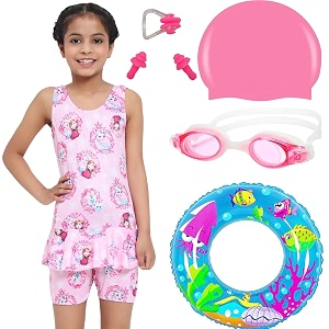 golden girl swimming set for kids amp girls with swimming goggles cap swim costumes ear plug amp nose clip  female swimming kit combo