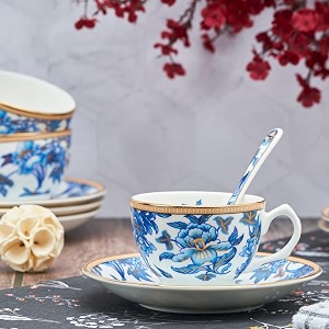 golden queen39s floral cups saucer amp spoons set for coffeeteahot drinks - set of 6 cups 6 saucers amp 6 spoons blue orchid