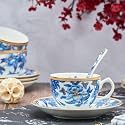 GOLDEN QUEEN'S Floral Cups, Saucer &amp; Spoons Set for Coffee/Tea/Hot Drinks - Set of 6 Cups, 6 Saucers &amp; 6 Spoons (Blue Orchid)