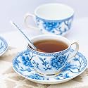 GOLDEN QUEEN'S Cup &amp; Saucer Set | Perfect for Hosting &amp; for Tea/Coffee Lovers | Handcrafted in India, 24-Carat Gold on Rim | 6 Cups, 6 Saucers &amp; 6 Spoons |170 ml - Sapphire Bloom