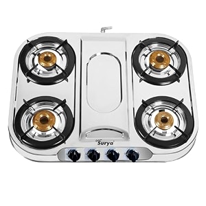 golden surya manual ignition premium stainless steel high efficiency 4 burner gas stove 18 months warranty chula gas isi certified with electronic gas lighter free magma
