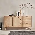Goldview Modern Wooden Sideboard Cabinet – Natural Oak Finish, Rattan Door Panels, 3 Storage Drawers, Contemporary Living Room Furniture