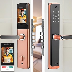golens x89n bronze smart camera door lock digital door lock with fingerprint bluetooth  wifi mobile app otp pin rfid card and manual key access for keyless entry red bronze