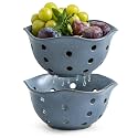 Gomakren Fruit Basket Set of 2, Berry Bowls with Holes Ceramic, Slate Blue