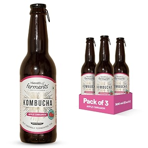 the good bug kombucha  apple cinnamon  fermented tea  1 bn cfu live cultures  gut friendly  gluten free  immunity booster  antioxidant and hydration  pack of 3  300 ml