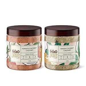 good graze tomato coconut chutney and green coconut chutney  mix with water  pack of 2 chutneys  125g each  plant based alternative  vegan-friendly