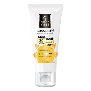 good vibes wide spectrum protection sunscreen with spf 30 50 g sun protection for all skin types  lightweight non-greasy anti-ageing  with aloe vera  no parabens