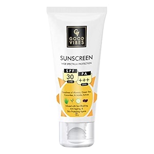 good vibes wide spectrum protection sunscreen with spf 30 100 g sun protection for all skin types  lightweight non-greasy anti-ageing  with aloe vera  no parabens