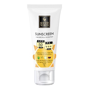 good vibes wide spectrum protection sunscreen with spf 50 100 g sun protection for all skin types  lightweight non-greasy anti-ageing  with aloe vera  no parabens