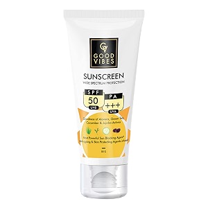 good vibes wide spectrum protection sunscreen with spf 50 50 g sun protection for all skin types  lightweight non-greasy anti-ageing  with aloe vera  no parabens