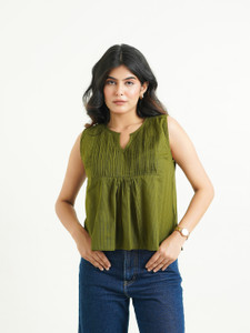 GOODHAND Casual Floral Print Women Green Top