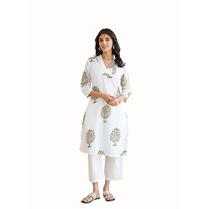 GOODHAND Women Cotton Block Printed Kurta Straight