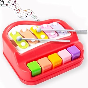 gooyo 1512 preschool kids educational knock playing musical xylophone toy for kids  2 in 1 mini musical piano and xylophone toy with colorful keys amp 2 mallets  red  no batteries required